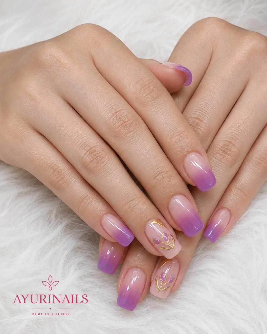 airbrushed purple ombré nails with gold floral nail art, AyuriNails Beauty Lounge Makati